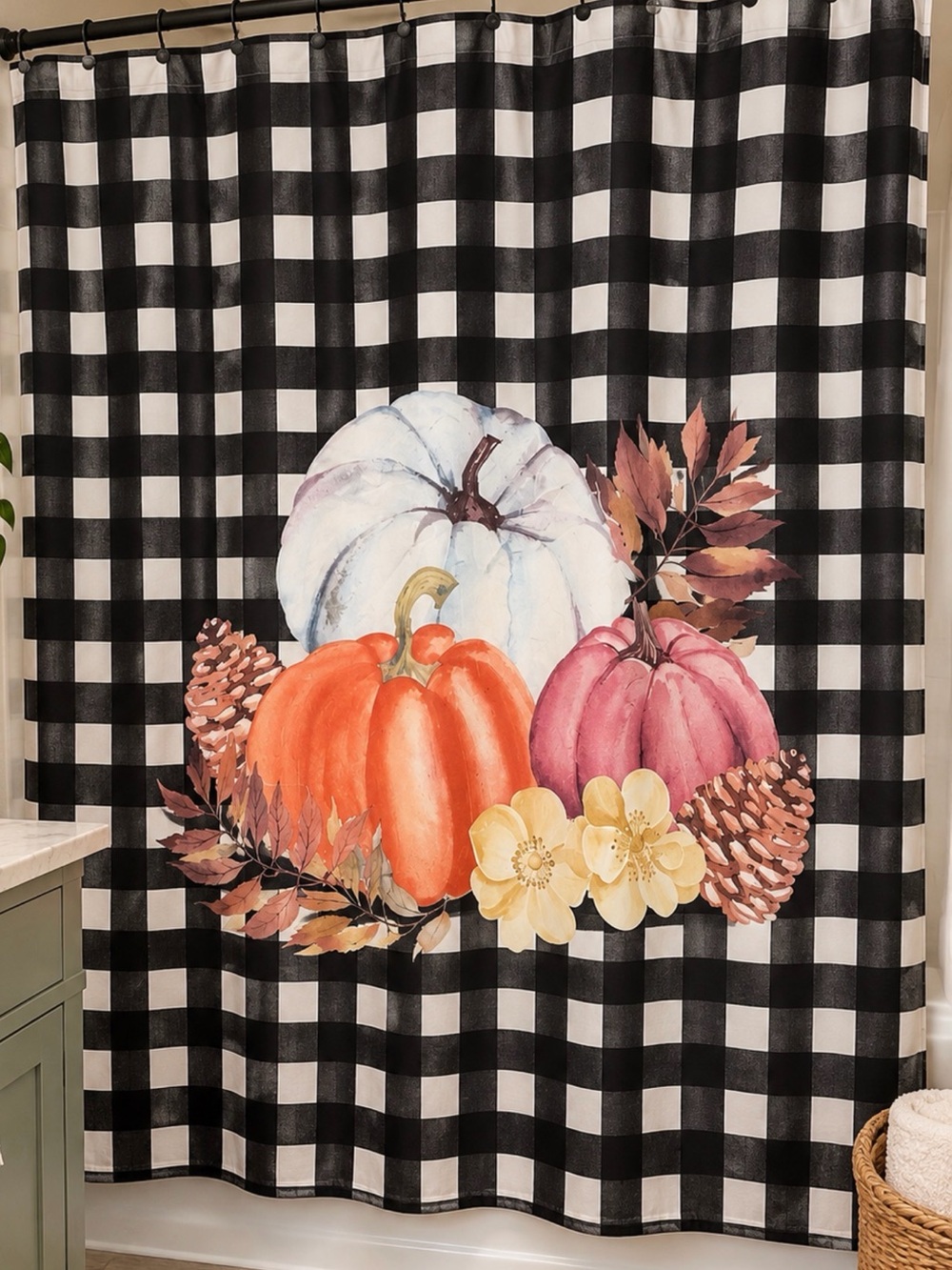 Fall Pumpkin Buffalo Plaid Shower Curtain Black White Farmhouse Autumn Decor